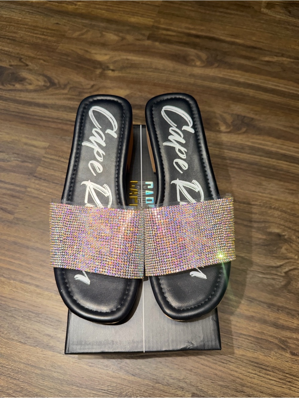 Cape Robbin Black Slide Sandals with Multi-Color Crystal Band
